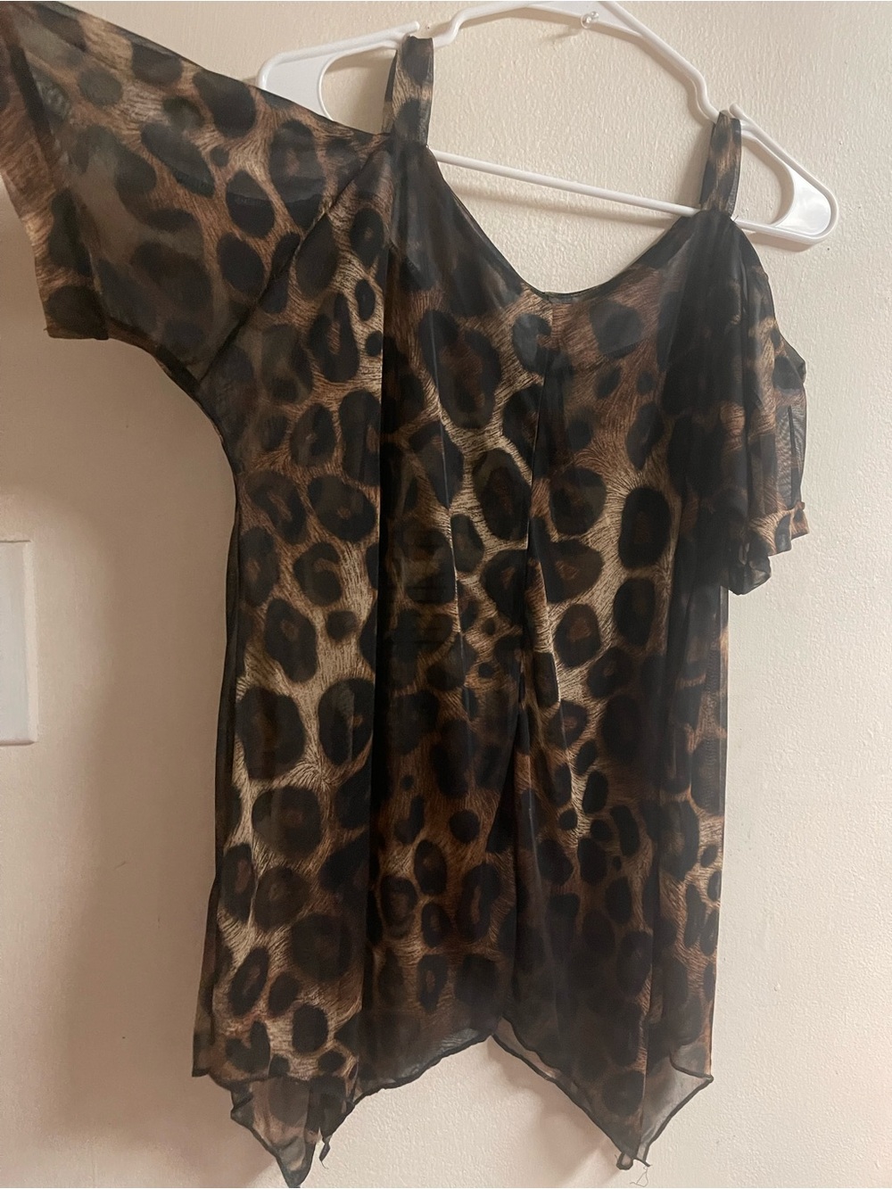 Womens Leopard Print Cold-Shoulder Sheer Top - Brown